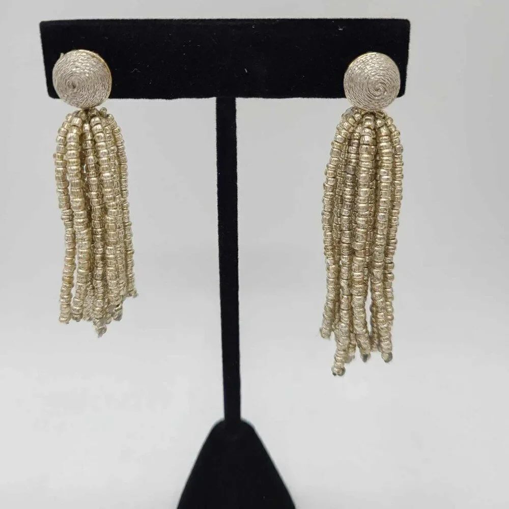 Unmarked Silver Beaded Tassel Earrings